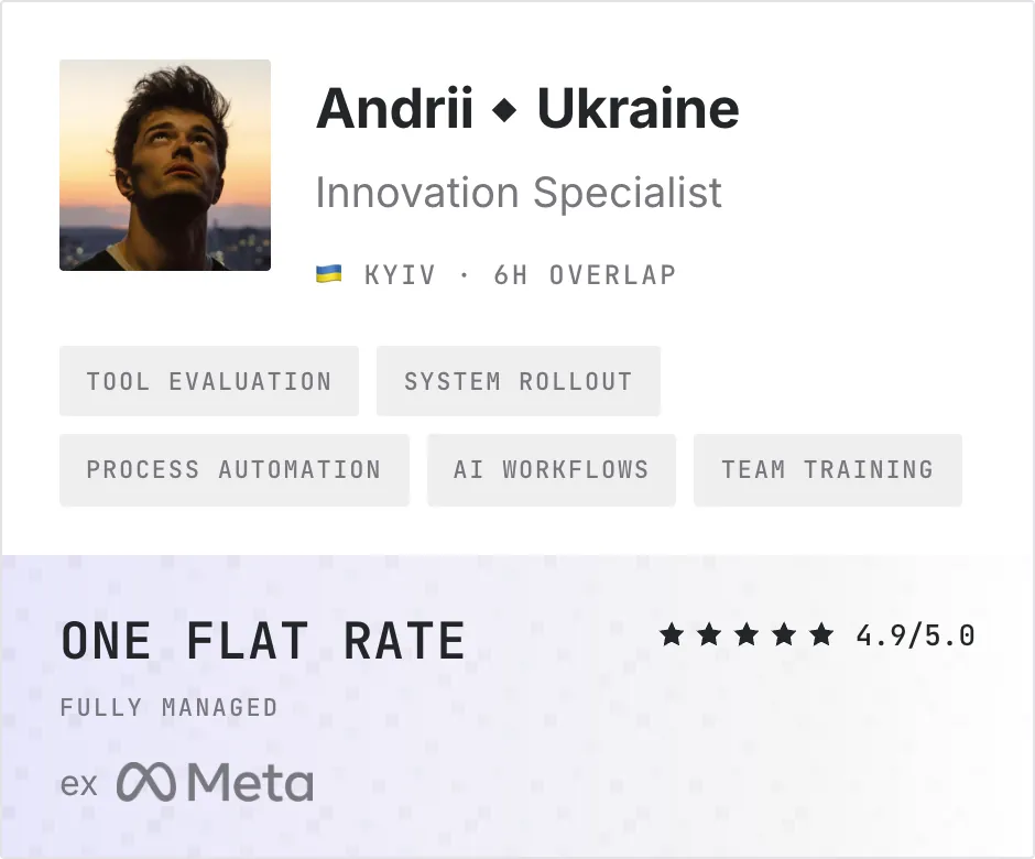 Example talent profile: Andrii, Ukraine, Innovation Specialist in Kyiv with a six hour overlap.